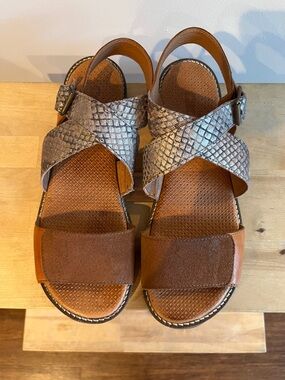 Brown Leather & Metallic Snake-Print Cross-Strap Sandals